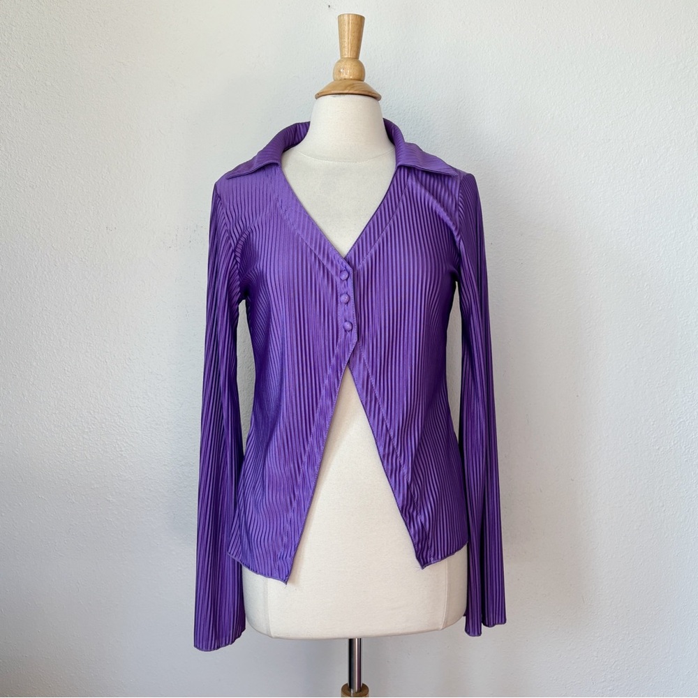 Retro Solid Purple Textured Cut Out Long Sleeve Collared Blouse
